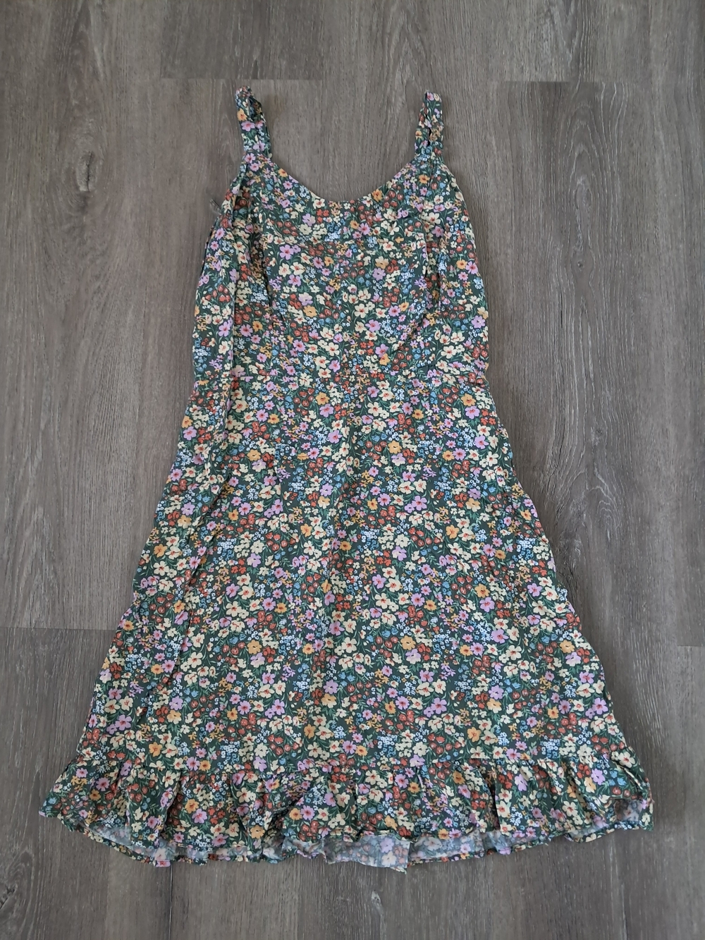 EUC S Old Navy Green Floral Midi Dress with Pink and Orange Blooms